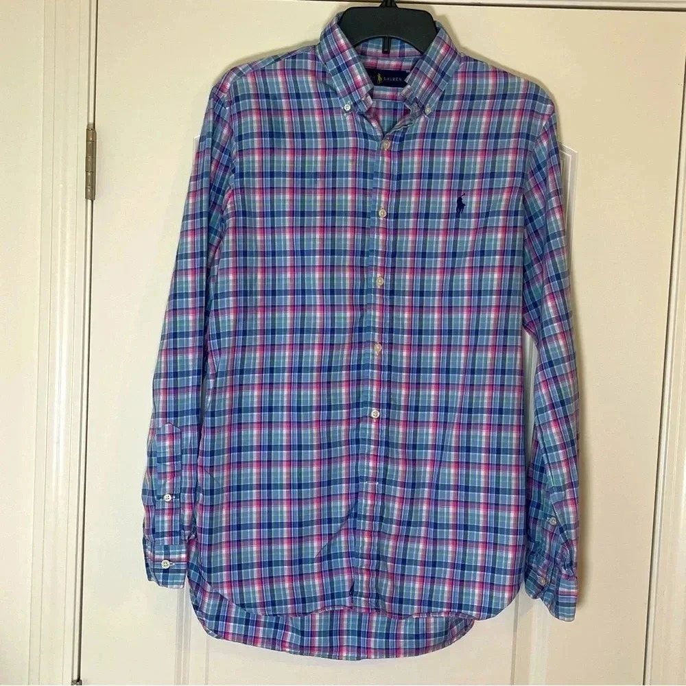 Ralph Lauren Polo Classic Fit Button-Down Oxford Shirt Blue Pink Plaid - Size S